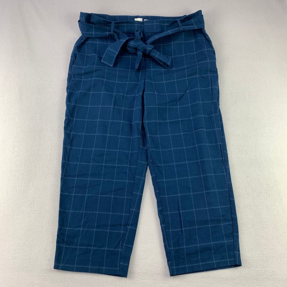 A New Day High Rise Ankle Pants Women 18 Blue Windowpane Plaid Belted Stretch‎